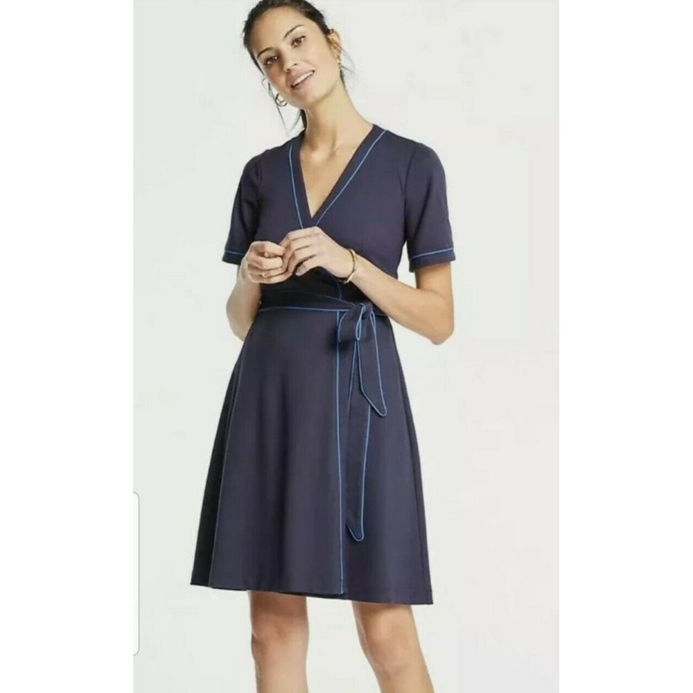 ANN TAYLOR Navy Blue Piped Flutter Sleeve Knit Wrap Dress Size 6 Petite New NWT